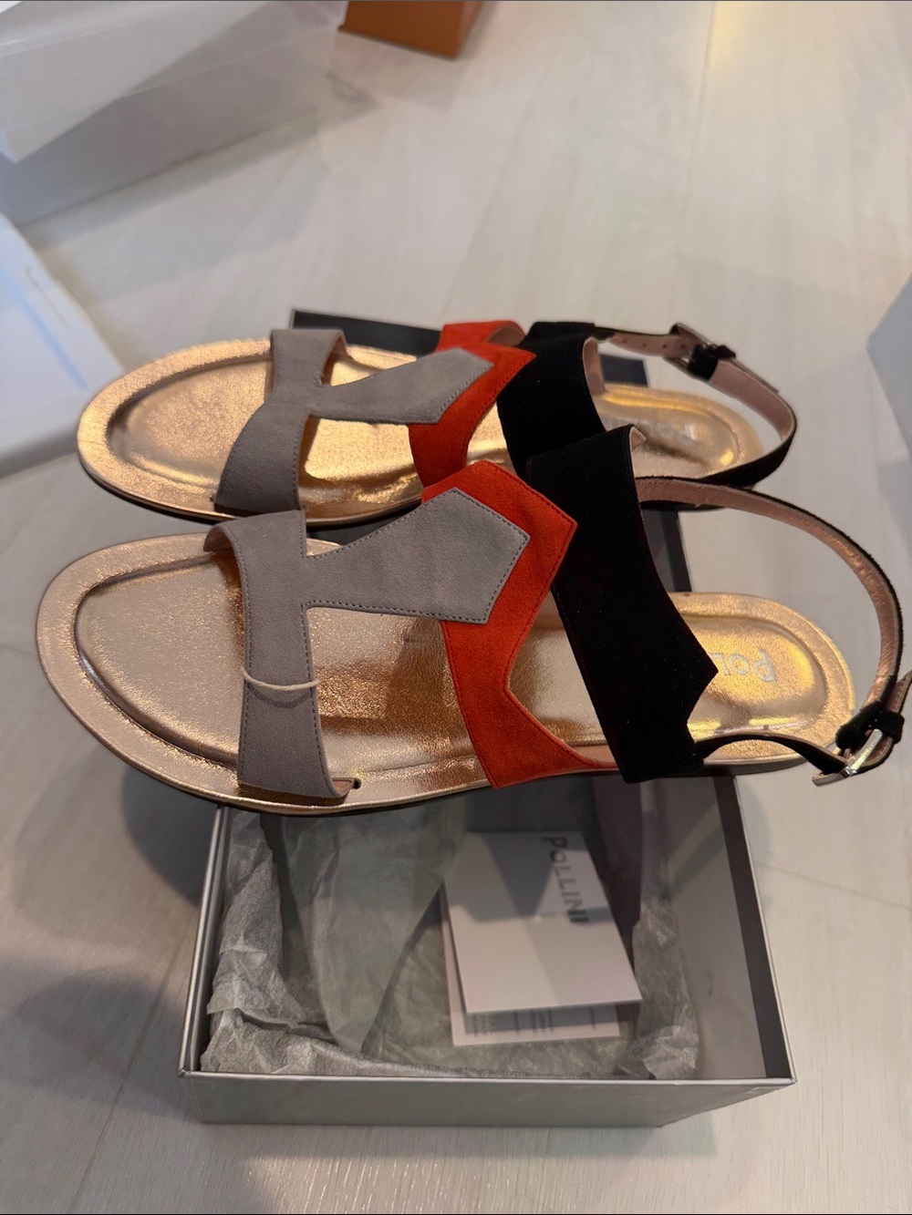 Pollini Multicolor Leather Slingback Sandals - Black, Red, Gray